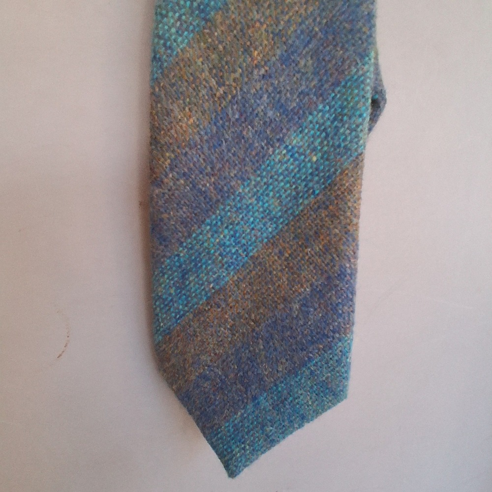 Siwan Woollen Mill Pure New Wool Tie Blue Teal Brown Striped Made in UK